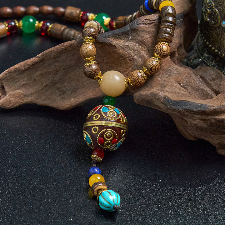 Collar con colgante de equilibrio de cuentas de cobre con mantra brillante de madera de Schima, cáscara de coco tibetano, hecho a mano, con Buddha Stones