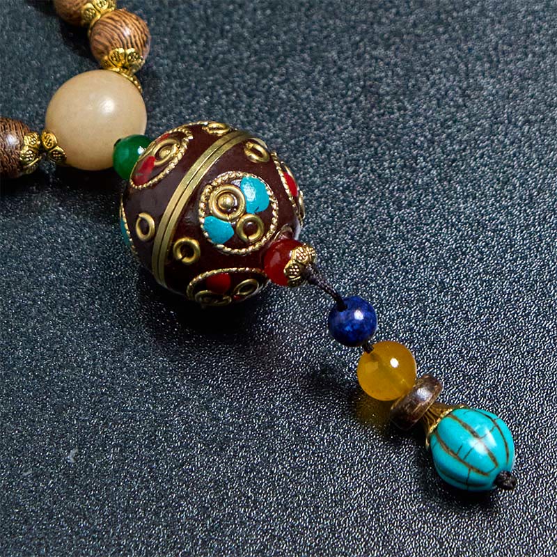 Collar con colgante de equilibrio de cuentas de cobre con mantra brillante de madera de Schima, cáscara de coco tibetano, hecho a mano, con Buddha Stones