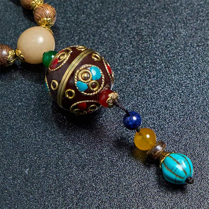 Collar con colgante de equilibrio de cuentas de cobre con mantra brillante de madera de Schima, cáscara de coco tibetano, hecho a mano, con Buddha Stones