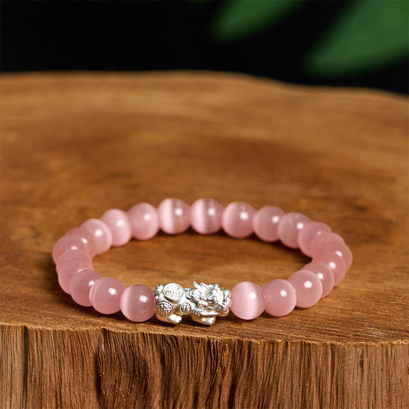Pulsera Pixiu Positiva de Plata de Ley 990 con Cuentas Naturales de Ojo de Gato y Buddha Stones