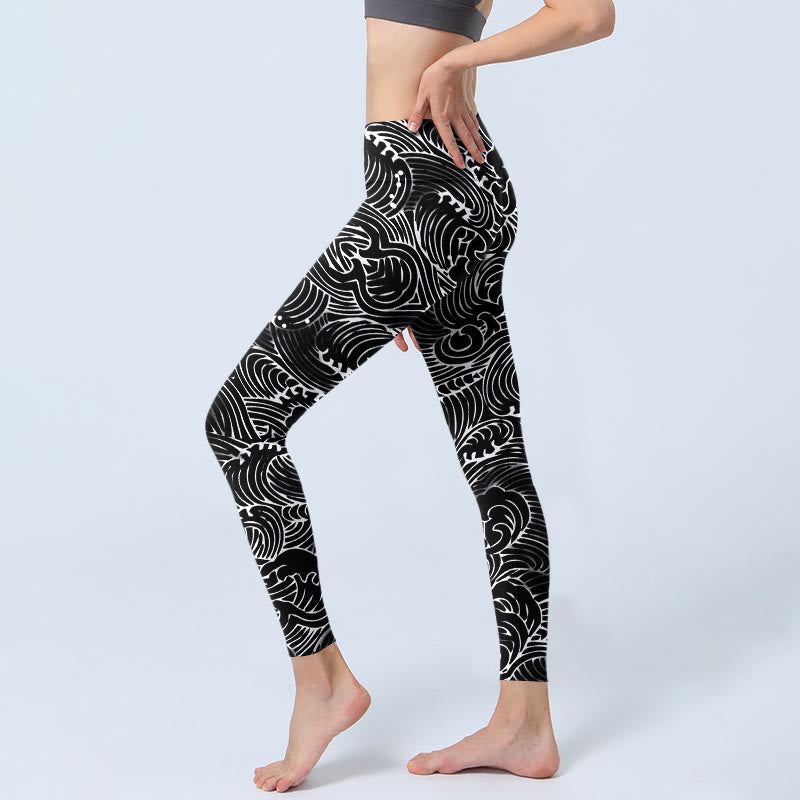 Leggings de yoga para mujer con estampado de ondas y líneas blancas de Buddha Stones - image 3