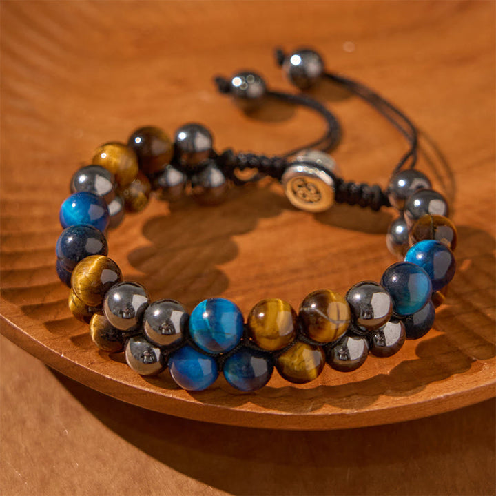Pulsera de fuerza con cuentas de doble hilera de magnetita negra, ojo de tigre azul natural y Buddha Stones .