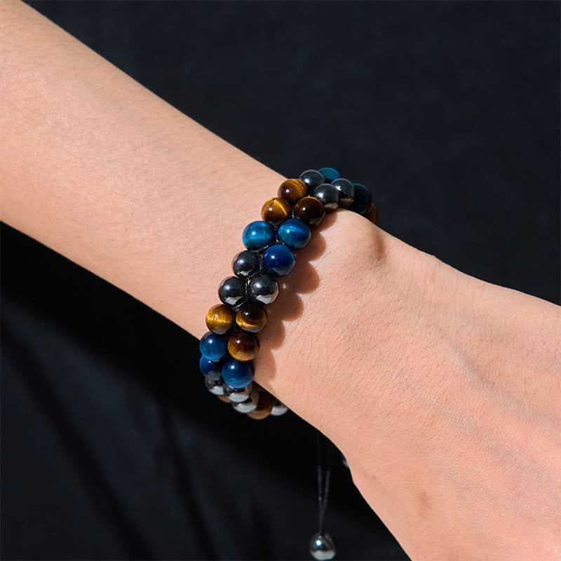 Pulsera de fuerza con cuentas de doble hilera de magnetita negra, ojo de tigre azul natural y Buddha Stones .