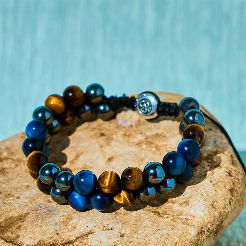 Pulsera de fuerza con cuentas de doble hilera de magnetita negra, ojo de tigre azul natural y Buddha Stones .