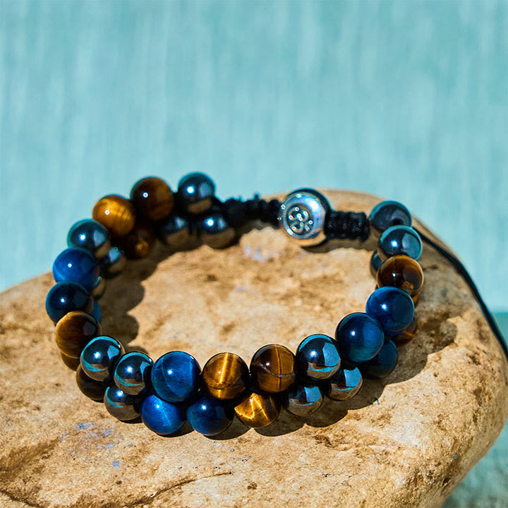 Pulsera de fuerza con cuentas de doble hilera de magnetita negra, ojo de tigre azul natural y Buddha Stones .