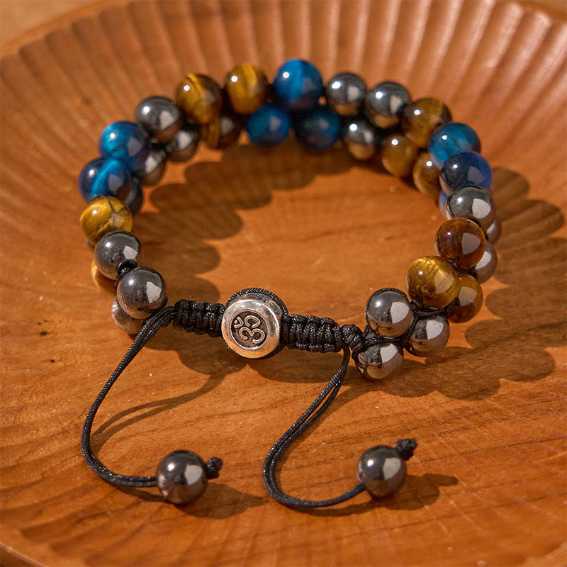Pulsera de fuerza con cuentas de doble hilera de magnetita negra, ojo de tigre azul natural y Buddha Stones .