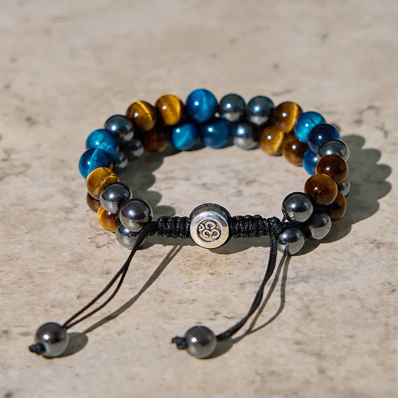 Pulsera de fuerza con cuentas de doble hilera de magnetita negra, ojo de tigre azul natural y Buddha Stones .