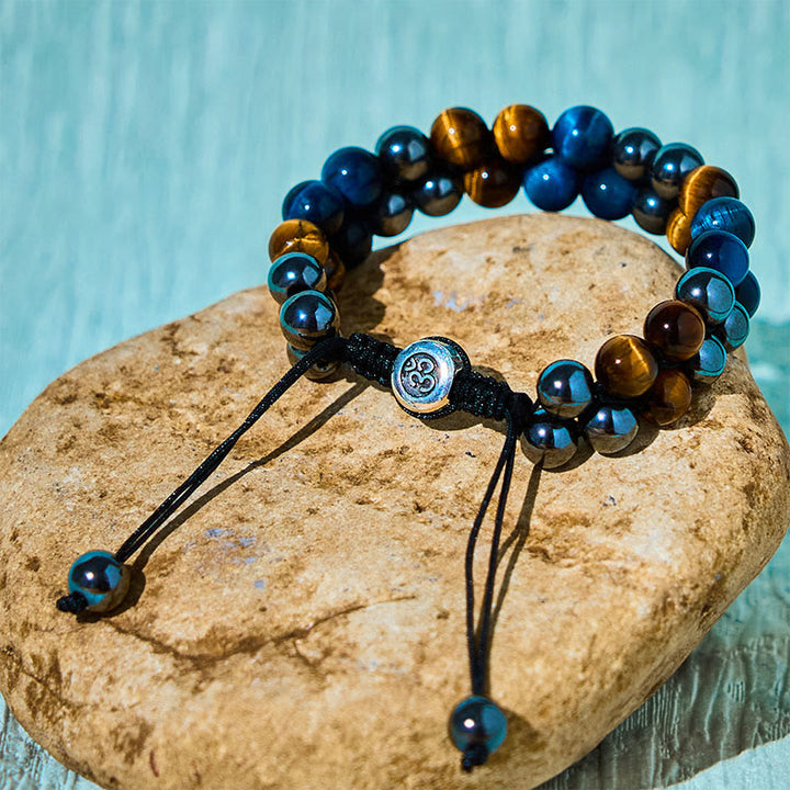 Pulsera de fuerza con cuentas de doble hilera de magnetita negra, ojo de tigre azul natural y Buddha Stones .