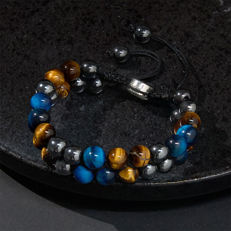 Pulsera de fuerza con cuentas de doble hilera de magnetita negra, ojo de tigre azul natural y Buddha Stones .
