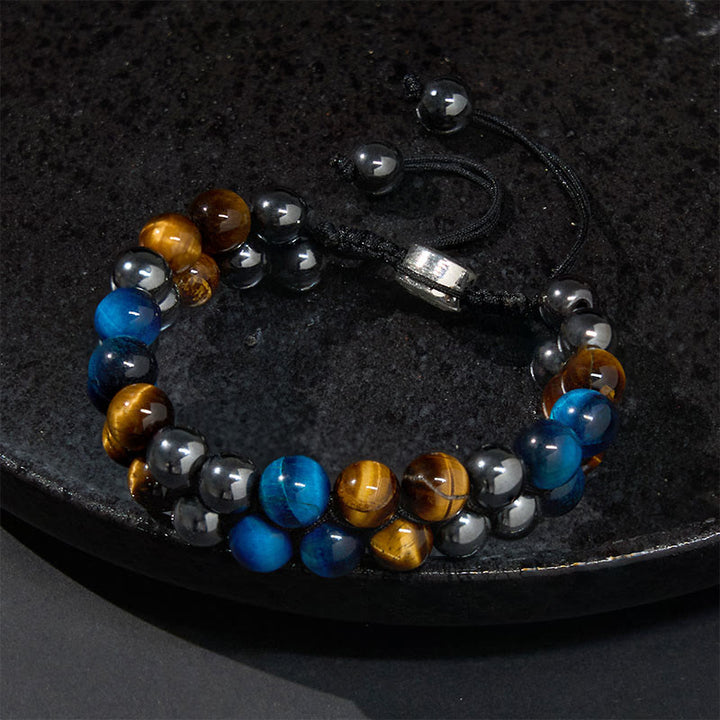 Pulsera de fuerza con cuentas de doble hilera de magnetita negra, ojo de tigre azul natural y Buddha Stones .