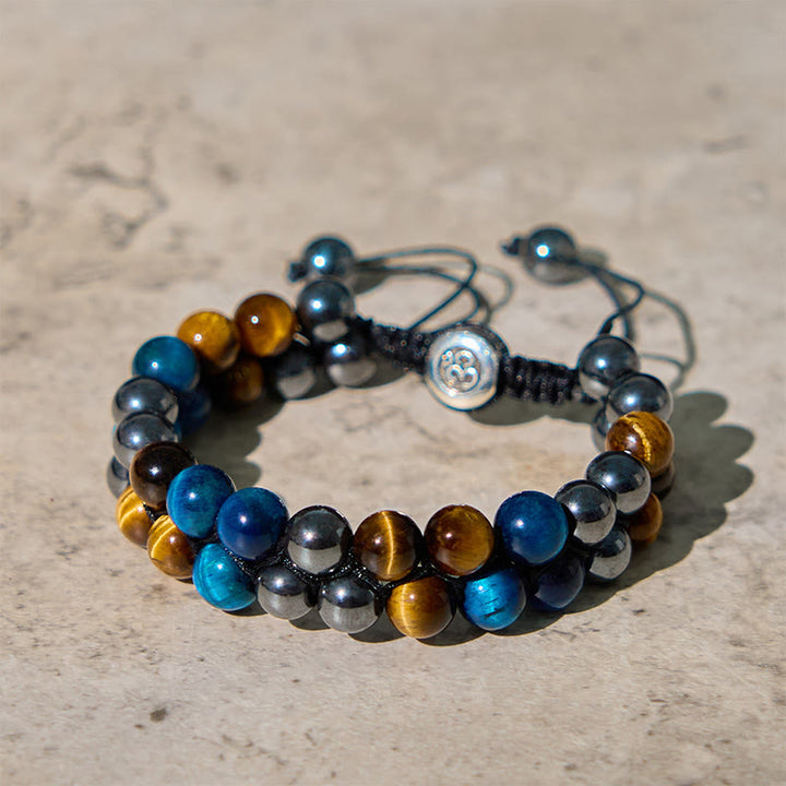 Pulsera de fuerza con cuentas de doble hilera de magnetita negra, ojo de tigre azul natural y Buddha Stones .