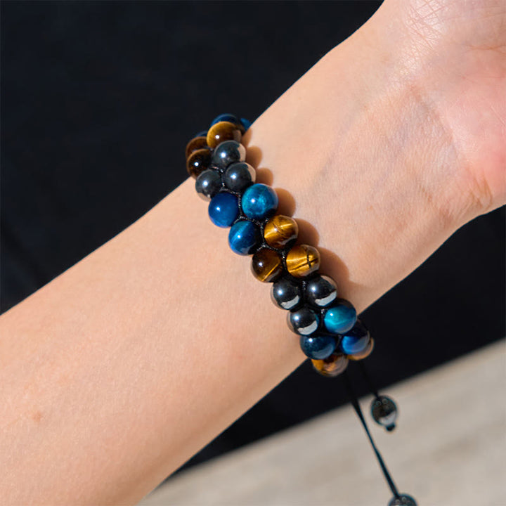 Pulsera de fuerza con cuentas de doble hilera de magnetita negra, ojo de tigre azul natural y Buddha Stones .