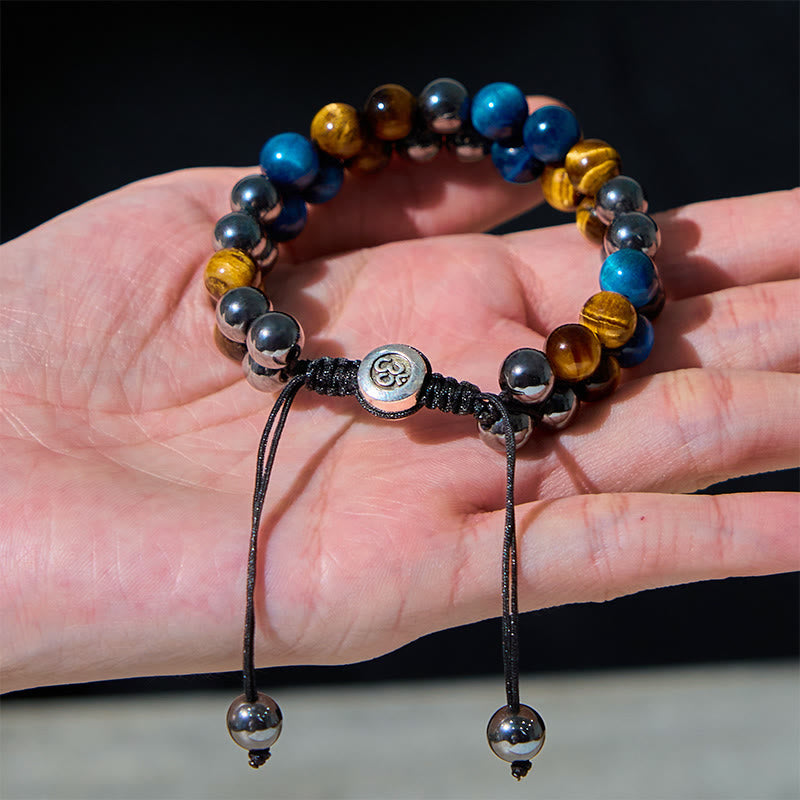 Pulsera de fuerza con cuentas de doble hilera de magnetita negra, ojo de tigre azul natural y Buddha Stones .