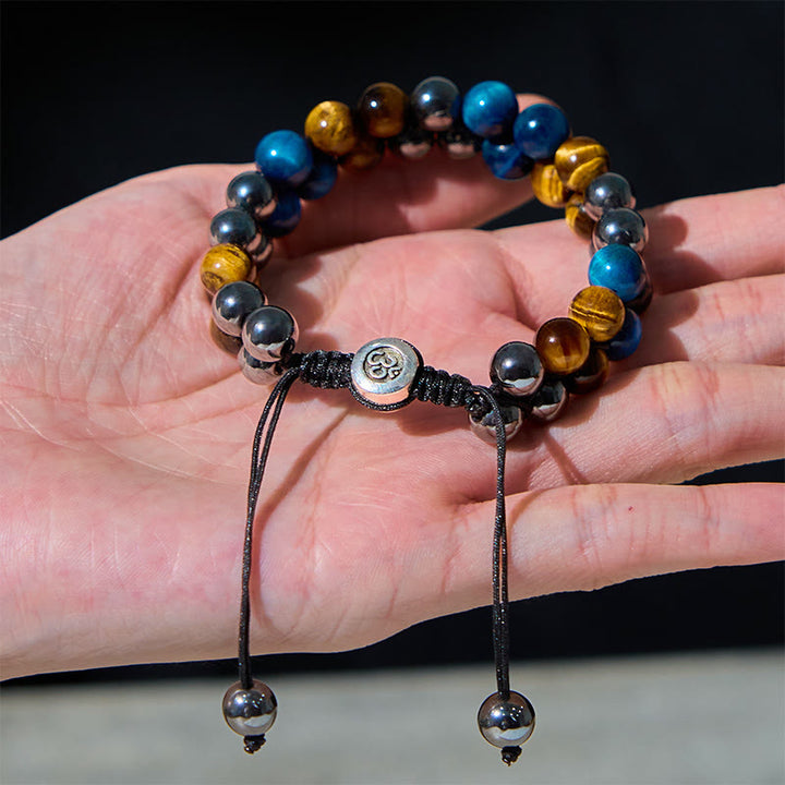 Pulsera de fuerza con cuentas de doble hilera de magnetita negra, ojo de tigre azul natural y Buddha Stones .