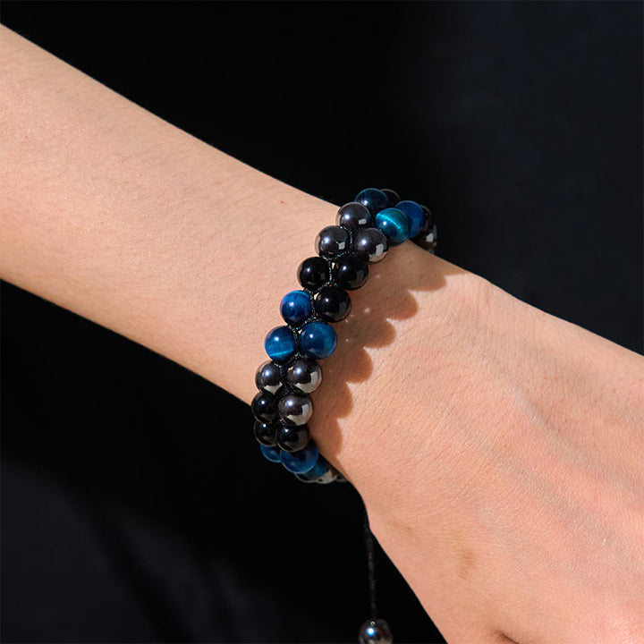 Pulsera de protección de doble hilera de cuentas de obsidiana negra con magnetita negra y ojo de tigre azul natural de Buddha Stones