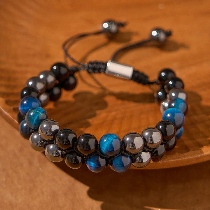 Pulsera de protección de doble hilera de cuentas de obsidiana negra con magnetita negra y ojo de tigre azul natural de Buddha Stones