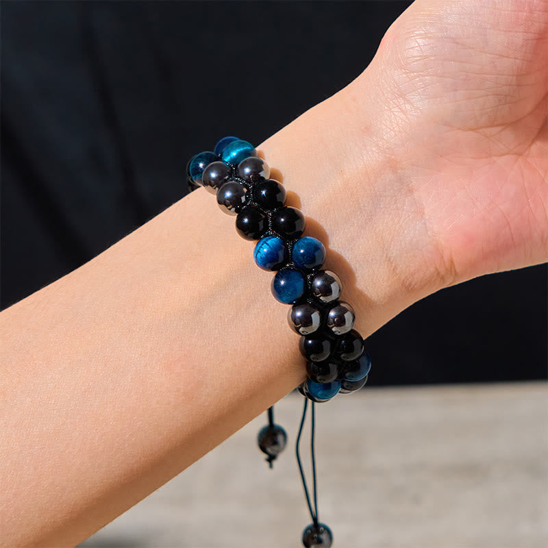 Pulsera de protección de doble hilera de cuentas de obsidiana negra con magnetita negra y ojo de tigre azul natural de Buddha Stones