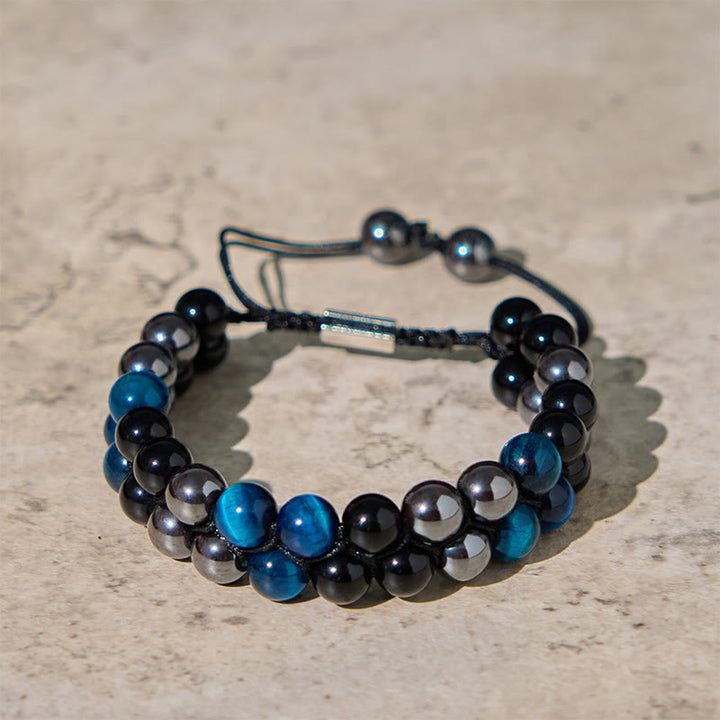 Pulsera de protección de doble hilera de cuentas de obsidiana negra con magnetita negra y ojo de tigre azul natural de Buddha Stones