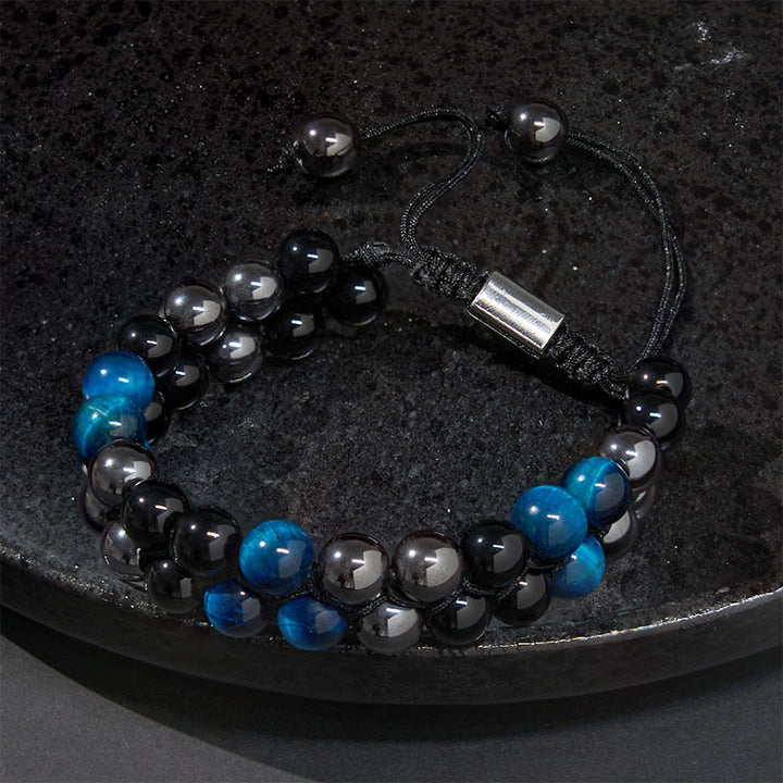Pulsera de protección de doble hilera de cuentas de obsidiana negra con magnetita negra y ojo de tigre azul natural de Buddha Stones