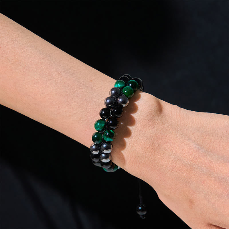Pulsera positiva de doble hilera de cuentas de obsidiana negra con magnetita negra y ojo de tigre verde natural de Buddha Stones