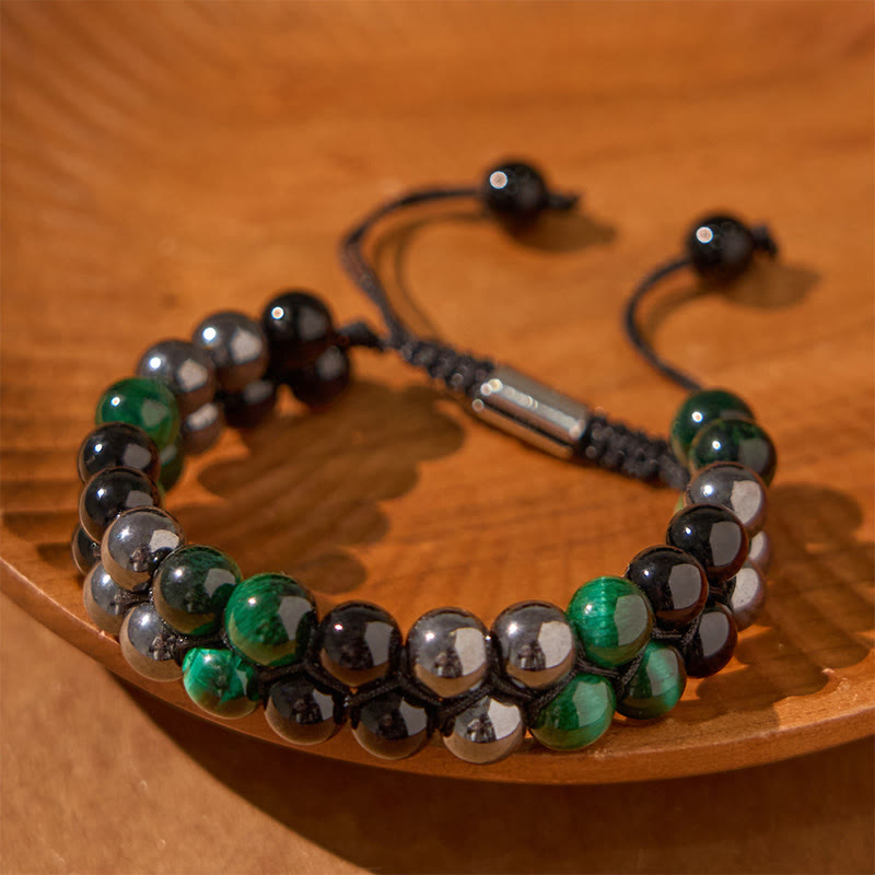 Pulsera positiva de doble hilera de cuentas de obsidiana negra con magnetita negra y ojo de tigre verde natural de Buddha Stones
