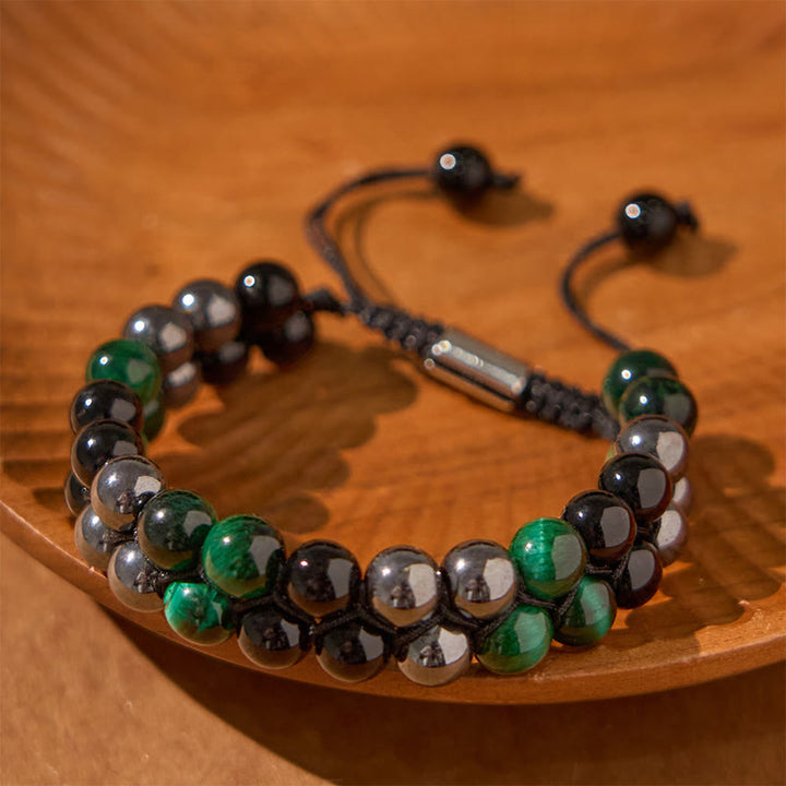 Pulsera positiva de doble hilera de cuentas de obsidiana negra con magnetita negra y ojo de tigre verde natural de Buddha Stones