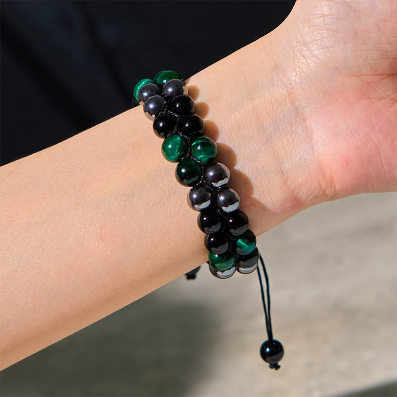Pulsera positiva de doble hilera de cuentas de obsidiana negra con magnetita negra y ojo de tigre verde natural de Buddha Stones