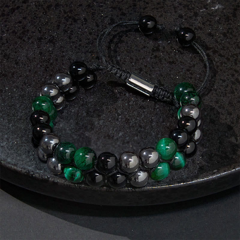 Pulsera positiva de doble hilera de cuentas de obsidiana negra con magnetita negra y ojo de tigre verde natural de Buddha Stones