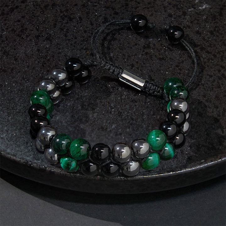 Pulsera positiva de doble hilera de cuentas de obsidiana negra con magnetita negra y ojo de tigre verde natural de Buddha Stones