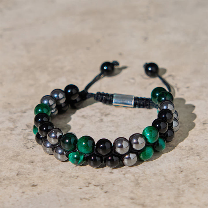 Pulsera positiva de doble hilera de cuentas de obsidiana negra con magnetita negra y ojo de tigre verde natural de Buddha Stones