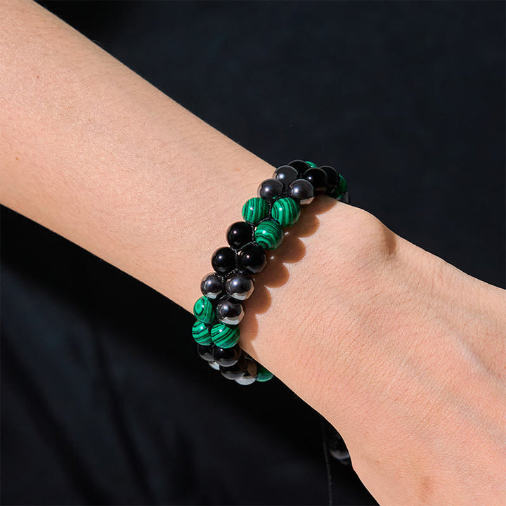 Pulsera antiansiedad con cuentas de doble fila de obsidiana negra, magnetita negra y malaquita natural de Buddha Stones