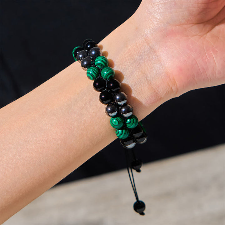 Pulsera antiansiedad con cuentas de doble fila de obsidiana negra, magnetita negra y malaquita natural de Buddha Stones