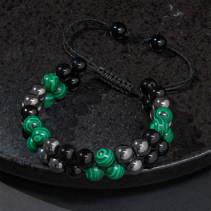 Pulsera antiansiedad con cuentas de doble fila de obsidiana negra, magnetita negra y malaquita natural de Buddha Stones