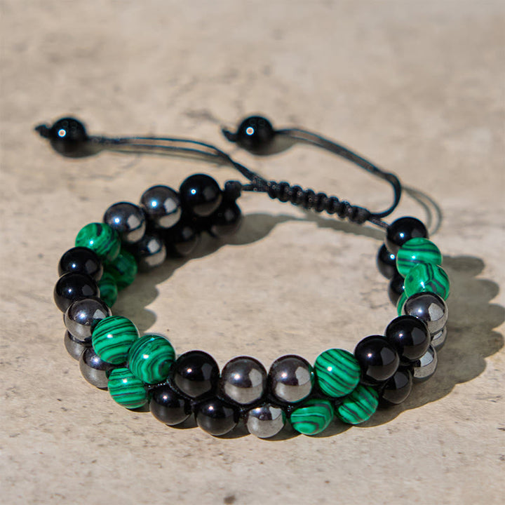 Pulsera antiansiedad con cuentas de doble fila de obsidiana negra, magnetita negra y malaquita natural de Buddha Stones