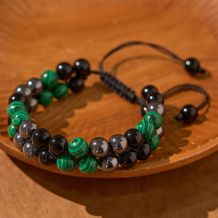 Pulsera antiansiedad con cuentas de doble fila de obsidiana negra, magnetita negra y malaquita natural de Buddha Stones