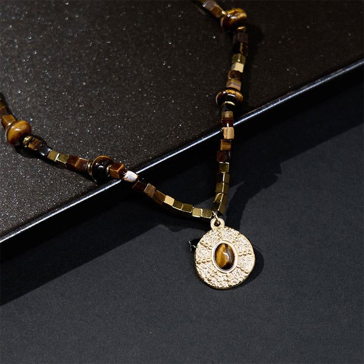 Collar con colgante de acero de titanio y Buddha Stones con protección cuadrada de ojo de tigre natural
