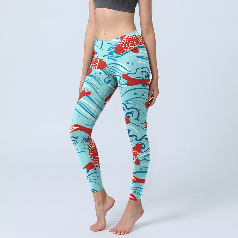 Leggings de yoga para mujer con estampado de ondas de peces koi y Buddha Stones - Cian - US18，UK/AU22，EU50 (4XL) - image 0