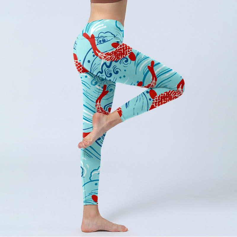 Leggings de yoga para mujer con estampado de ondas de peces koi y Buddha Stones - image 4
