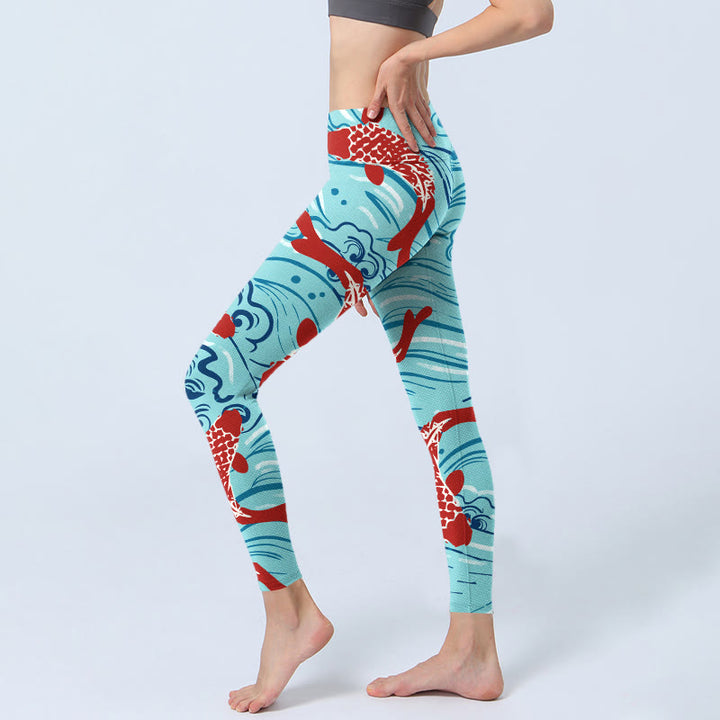 Leggings de yoga para mujer con estampado de ondas de peces koi y Buddha Stones - image 3