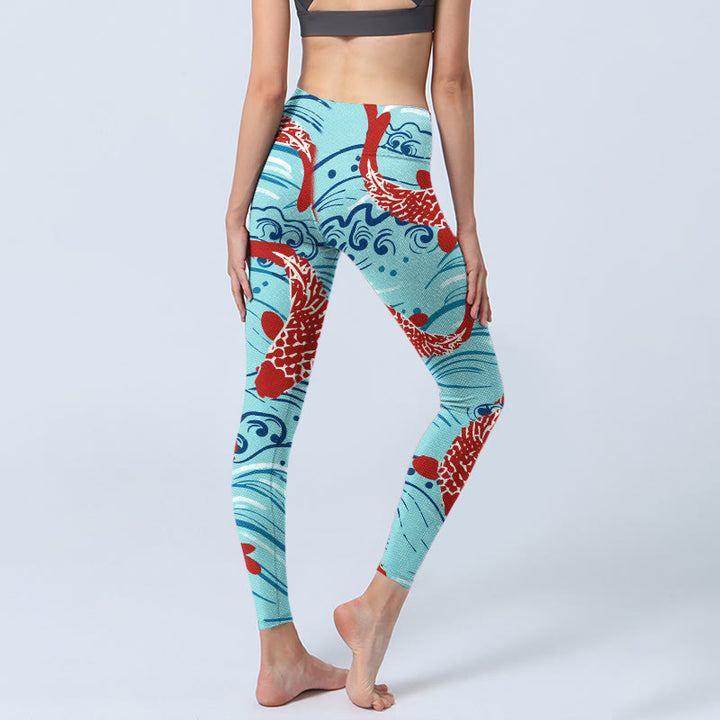 Leggings de yoga para mujer con estampado de ondas de peces koi y Buddha Stones - image 4