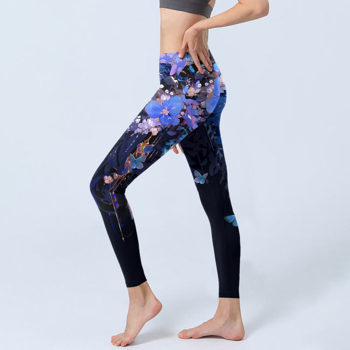 Leggings de yoga para mujer con estampado de mariposas y flores moradas y Buddha Stones - image 3
