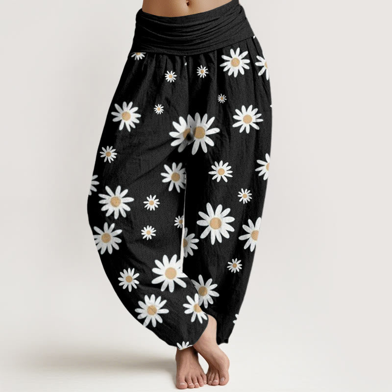 Pantalones Buddha Stones casuales con estampado de margaritas blancas y cintura elástica para mujer - Negro - US22，UK/AU26，EU54 (6XL) - image 1