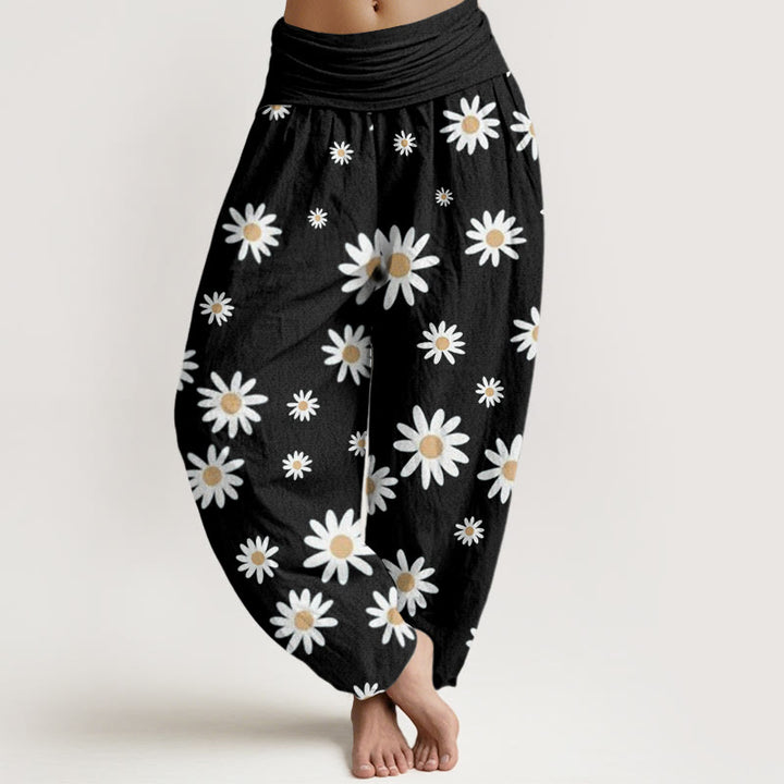 Pantalones Buddha Stones casuales con estampado de margaritas blancas y cintura elástica para mujer - Negro - US22，UK/AU26，EU54 (6XL) - image 1
