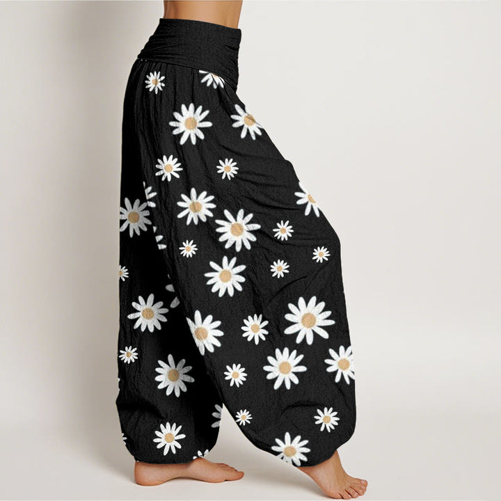 Pantalones Buddha Stones casuales con estampado de margaritas blancas y cintura elástica para mujer - image 3