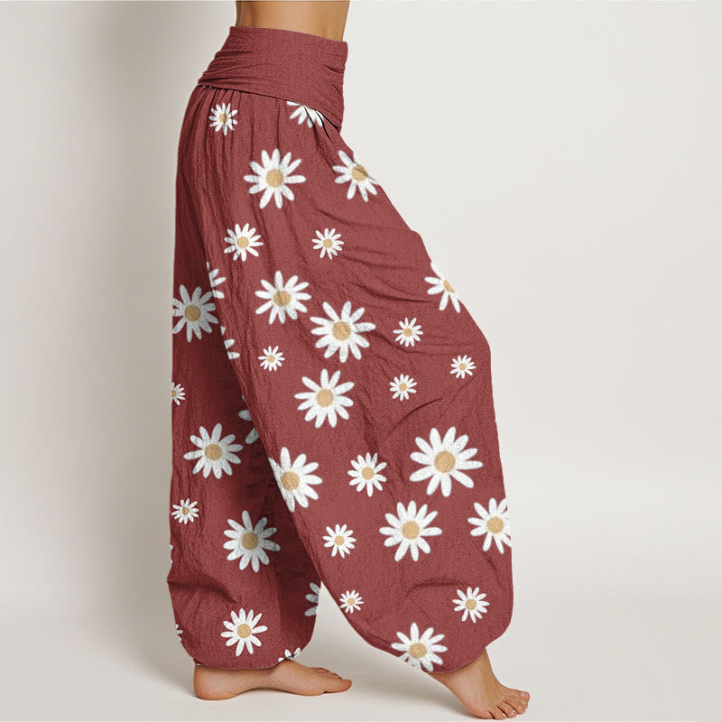Pantalones Buddha Stones casuales con estampado de margaritas blancas y cintura elástica para mujer - image 7