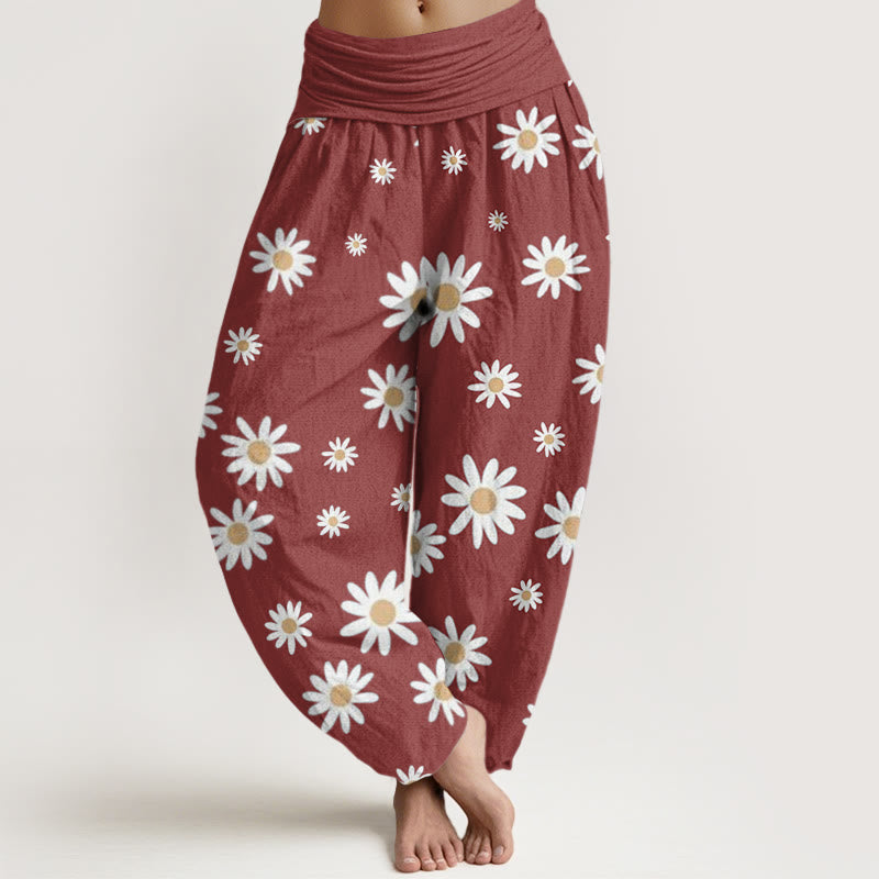 Pantalones Buddha Stones casuales con estampado de margaritas blancas y cintura elástica para mujer - IndianRed - US22，UK/AU26，EU54 (6XL) - image 5