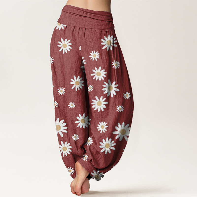 Pantalones Buddha Stones casuales con estampado de margaritas blancas y cintura elástica para mujer - image 6