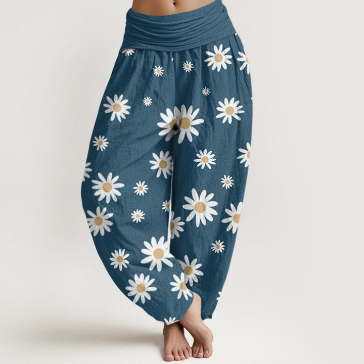 Pantalones Buddha Stones casuales con estampado de margaritas blancas y cintura elástica para mujer - Azul acero - US22，UK/AU26，EU54 (6XL) - image 8