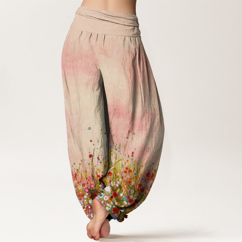 Pantalones harén con cintura elástica para mujer, informales, con estampado de campos de flores silvestres de colores y Buddha Stones - image 1
