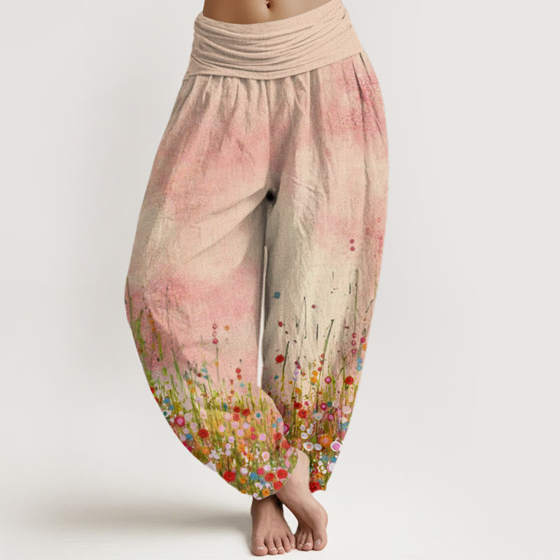 Pantalones harén con cintura elástica para mujer, informales, con estampado de campos de flores silvestres de colores y Buddha Stones - Sopa de mariscos - US22，UK/AU26，EU54 (6XL) - image 1
